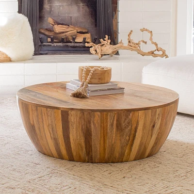 Poly & Bark Goa Low Profile Coffee Table : Kiln-Dried Mango Wood, Drum Profile, Hand-Carved in India