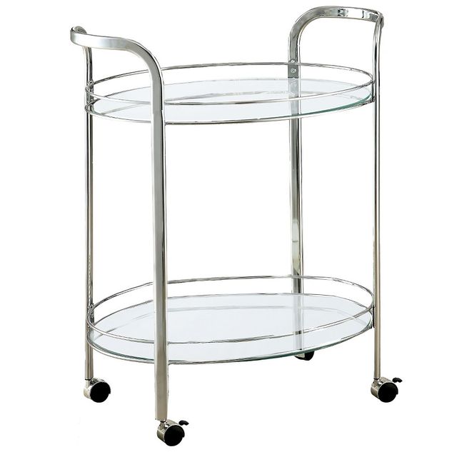 ioHomes Derria Oval Mirrored Serving Cart - Chrome: Art-Deco Style, Tempered Glass, Metal Frame