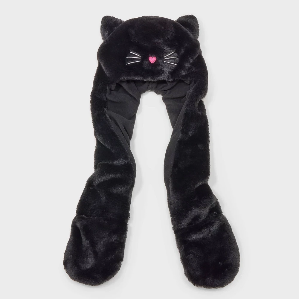 Girl Faux Fur Cat Ear Hooded Scarf - Cat & Jack Black 4-14