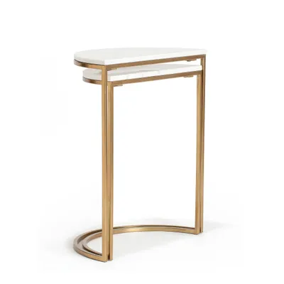 Adore Decor Set of 2 Kingston Nesting Side Tables White/Gold: Brass Plated, Marble Top, C-Table Design