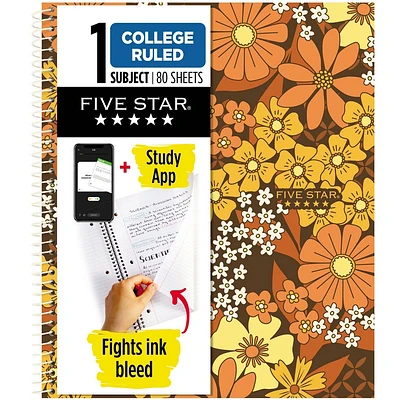 Five Star 80ct College Ruled Notebook Retro Florals: Spiral School Supplies, Single Subject, Flexible Cover, 8.5x11