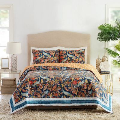 3pc Peacock Garden Quilt & Sham Set Blue/Orange - Dena Home: Cotton Set