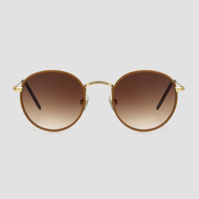 Women Vegan Leather Wrapped Round Sunglae - Univeral Thread Caramel/Gold