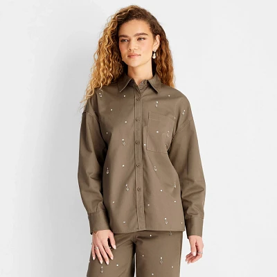 Womens Holiday Embellished Twill hacket - Future Collective Olive