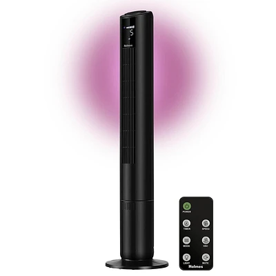 Holmes 42 Digital Oscillating Built-In Accent Light 5 Speed Tower Fan with Clear Read Display and Remote Control Black