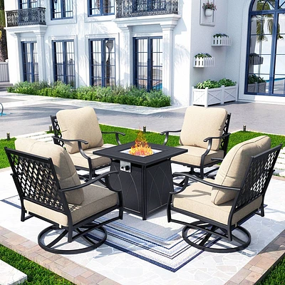 Captiva Designs 5pc XL Metal Outdoor Set Swivel Grid- Back Chairs with Fire Pit Beige