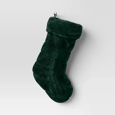 Christmas Channeled Faux Fur Stocking Dark Green - Threshold