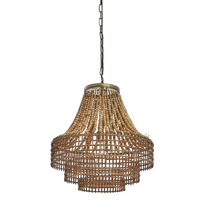 Storied Home Metal Rattan and Wood Bead Chandelier Brown: ETL Listed, Iron Canopy, Adjustable Height