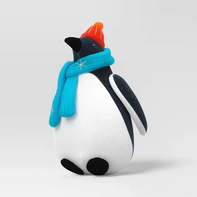 Fabric Penguin Christmas Bird Figurine Wearing Orange Hat and Blue Scarf - Wondershop