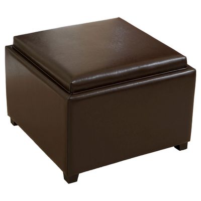 Wellington Leather Tray Top Storage Ottoman Brown - Christopher Knight Home: Footstool, Hardwood Frame