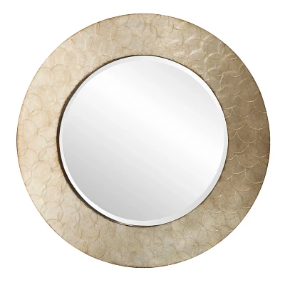 Howard Elliott 36 Round Wood Framed Textured Metal Wall Mirror: Beveled Glass, Champagne Silver Tone, No Assembly Required