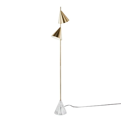 LumiSource Cone 65 Glam Metal Floor Lamp in Brushed Gold Metal with White Faux Marble Metal Base: UL Listed, 2-Cone Shades