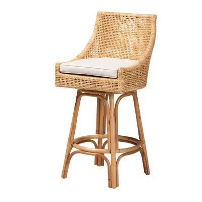 Bella Rattan Bar Stool Natural Brown/White - Baxton Studio: Bohemian Design, Foam Cushion, No Assembly Required