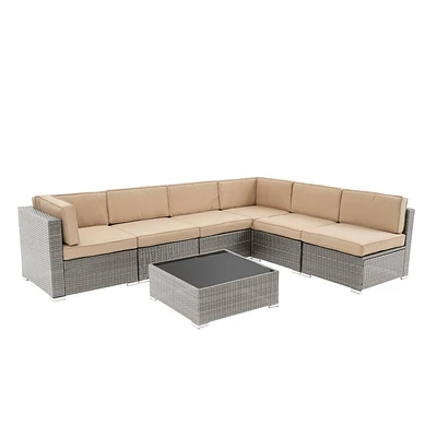 GODEER 7pc Wicker Outdoor Conversation Set with Sand Cushion Gray: Water-Resistant Sectional, Steel Frame