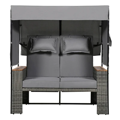 Nestfair Wicker Outdoor Bench Lounge Chair with Roof and Adjustable Backrest and Cushions Gray