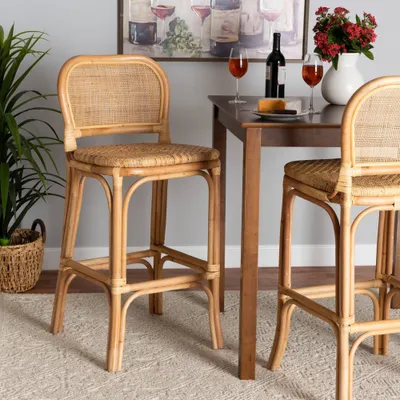 Adrena Rattan Bar Stool Natural Brown - Baxton Studio: Handmade, No Assembly, Bohemian Style