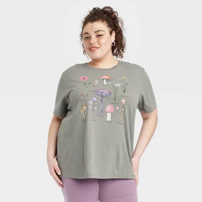 Womens Floral Mushroom Short Sleeve Graphic T-Shirt