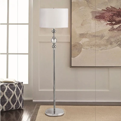 62.5 Traditional Metal Floor Lamp with Crystals, Chrome Finish & White Linen Shade - Ore International