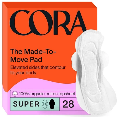 Cora Made-to-Move Super Pads with Wings Organic Cotton Topsheet Ultra Thin - Super Absorbency - 28ct