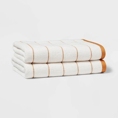 2pc Modern Pinstripe Bath Towel White/Yellow - Threshold