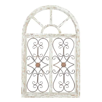 Wood Scroll Arched Window Inspired Wall Decor with Metal Scrollwork Relief White - Olivia & May: Rustic Vertical Iron Frame, Carved Art Object