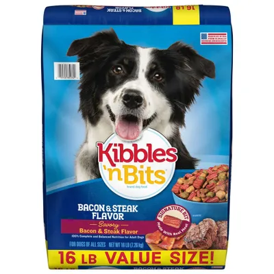 Kibbles n Bits Bacon & Steak Flavor Adult Complete & Balanced Dry Dog Food - 16 lbs