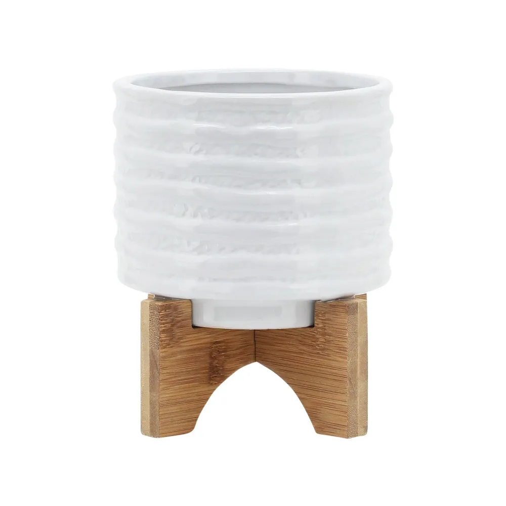 6 Ceramic Planter on Stand White Stripe - Sagebrook Home: Ridged, Wood Stand, Indoor/Outdoor Use