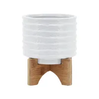 6 Ceramic Planter on Stand White Stripe - Sagebrook Home: Ridged, Wood Stand, Indoor/Outdoor Use