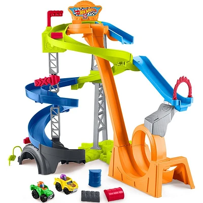 Fisher-Price Little People Hot Wheels Spiral Stunt Speedway Toddler Race Track Playset 2 Toy Cars