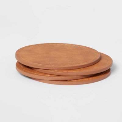 4pk Faux Leather Coasters - Threshold: Brown Polyethylene Cup & Table Drink Coasters, Traditional Style, 4x4