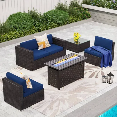 6pc Steel & Wicker Outdoor Rectangular Fire Pit Set with Cushions Blue - Captiva Designs