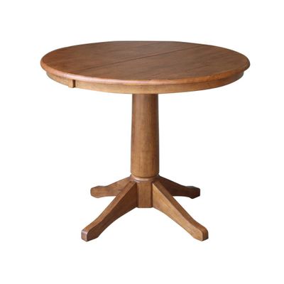 Lillian Round Top Pedestal Extendable Dining Table with 12 Drop Leaf Distressed Oak - International Concepts: Solid Wood, Mid-Century