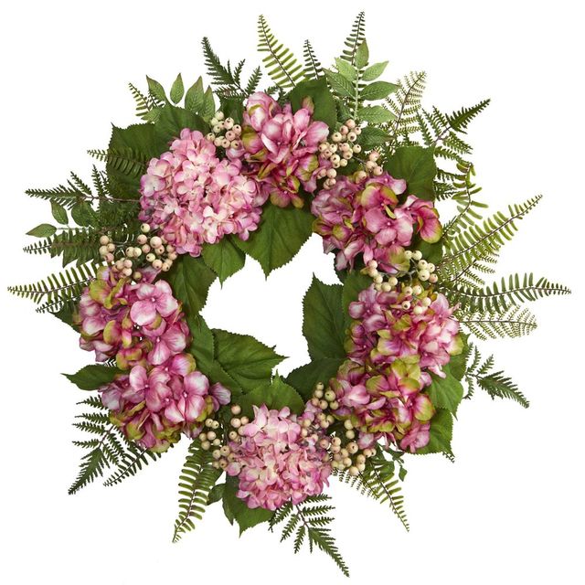 Nearly Natural 24 Artificial Hydrangea & Berry Wreath Pink - : Faux Floral Decor, Indoor Spring/Summer Display