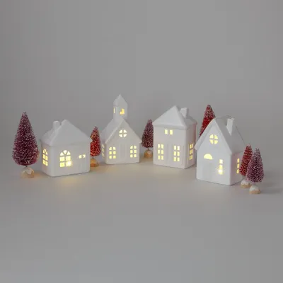 10pc Battery Operated Decorative Ceramic Christmas Village Kit White with Blush Trees - Wondershop