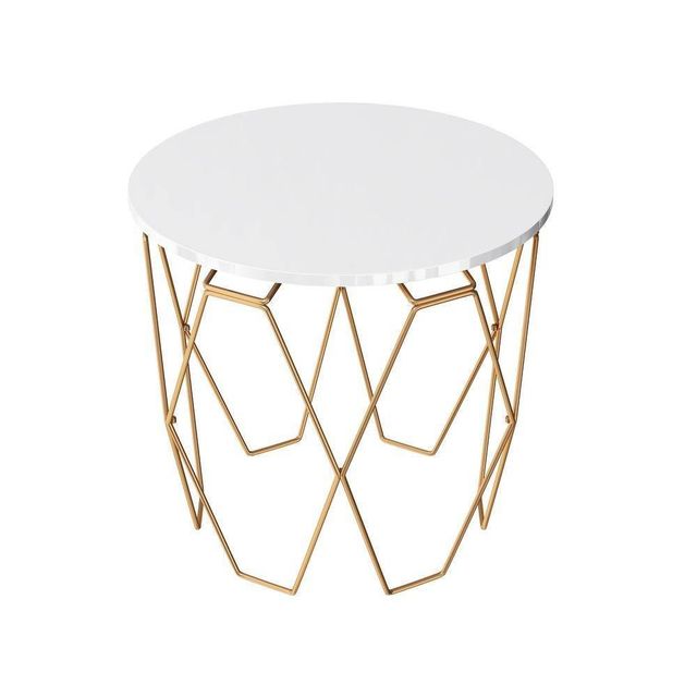 Kanter Round End Table Gold - miBasics: Hexagon Base, Glossy White Top, Modern Living Room Accent