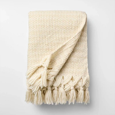 50 x 60 Throw Mixed Yarn Woven with Crossed Tassels Creamand Khaki - Threshold Design with Studio McGee