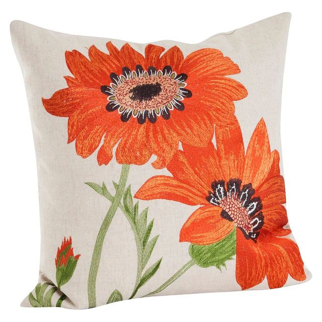 18x18 Embroidered Flower Square Throw Pillow - Saro Lifestyle: Cotton & Linen