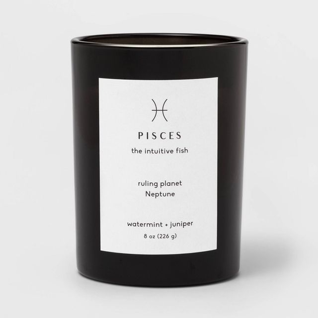 8oz Glass Jar Zodiac Pisces Candle Black - Threshold: Soy & Paraffin Wax, 36hr Burn Time, Juniper Mint Scent