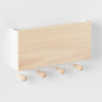 Mixed Material Mail Holder Matte White Hooks on Light Wood - Brightroom: Wall Mounted Decorative Hook Rack, 4 Hooks