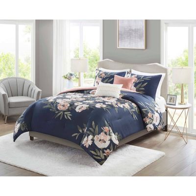 5pc King Leilani Floral Print Comforter Bedding Set - Navy/Blush