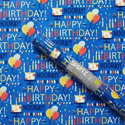 Happy Birthday Script and Balloons Gift Wrapping Paper Blue - Spritz