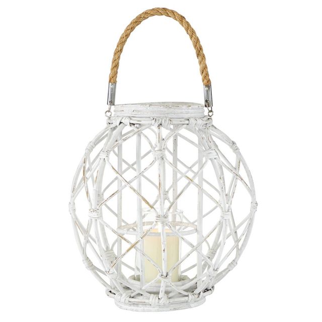 15 x 15 Woven Rattan/Glass Lantern with Burlap Jute Rope Handle White - Olivia & May