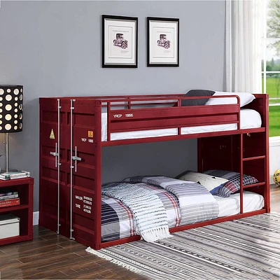 80Twin/Twin Bunk Bed Cargo Loft and Bunk Bed Red Finish - Acme Furniture: Metal Frame, No Box Spring Needed