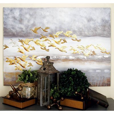 Canvas Bird Framed Wall Art with Silver Frame Gold - Olivia & May