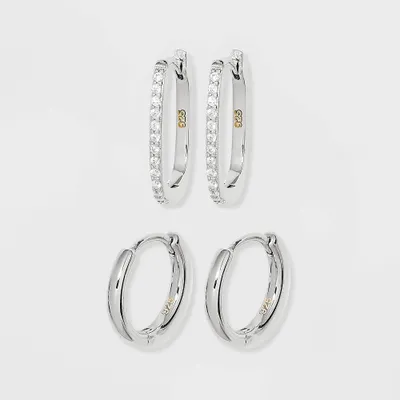 Sterling Silver Polished Round and Pave Rectangular Huggie Hoop Earrings 2pc - A New Day Silver