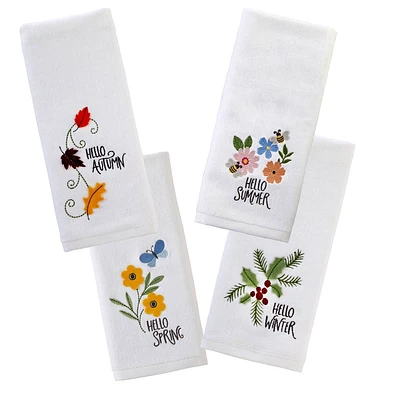 SKL Home 4pc Hello Seasons Hand Towel Set Optic White: Cotton Dobby Velour, Midweight Bath Towel Set