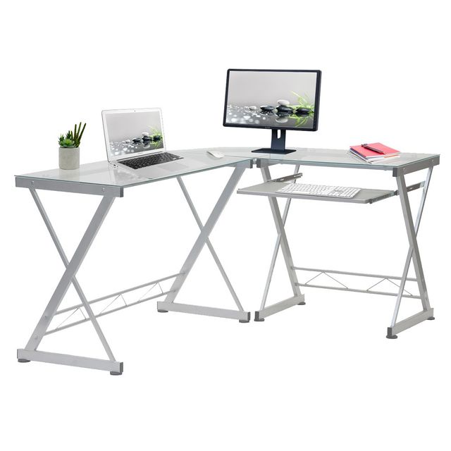 L-Shaped Computer Desk Silver/Clear - Techni Mobili: Reversible, Heavy-Duty Tempered Safety Glass, Steel Frame, MDF Keyboard Shelf