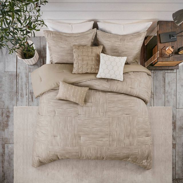 Queen 7pc Kelan Printed Seersucker Comforter Set Taupe: Madison Park, Polyester, Pleated, Reversible, Embroidered Details