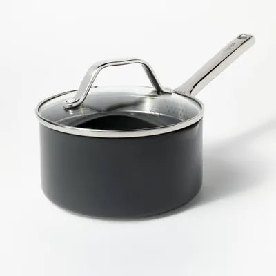 1.5qt Nonstick Hard Anodized Aluminum Sauce Pan with Straining Lid Dark Gray - Figmint