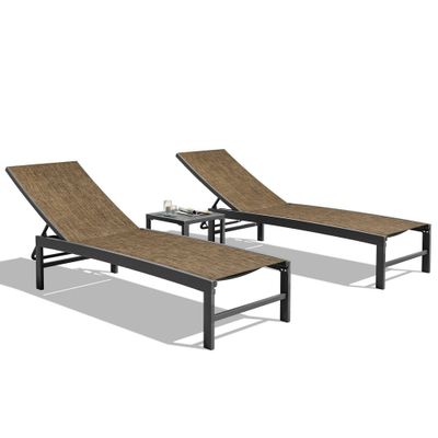 3pc Outdoor Aluminum Lounge Chairs with Side Table - Dark Brown - Crestlive Products: Poolside Furniture Set, Stackable